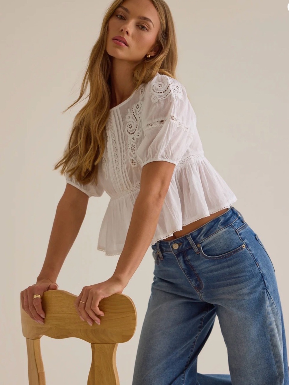 Zara Women’s White Cotton Sheer Eyelet Peplum Blouse